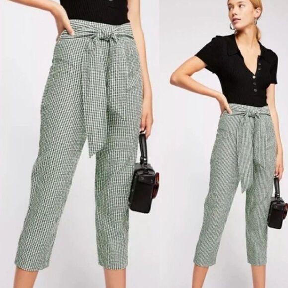 Free People Westside Gingham Seersucker Tie Waist Pant Black White - Picture 4 of 12
